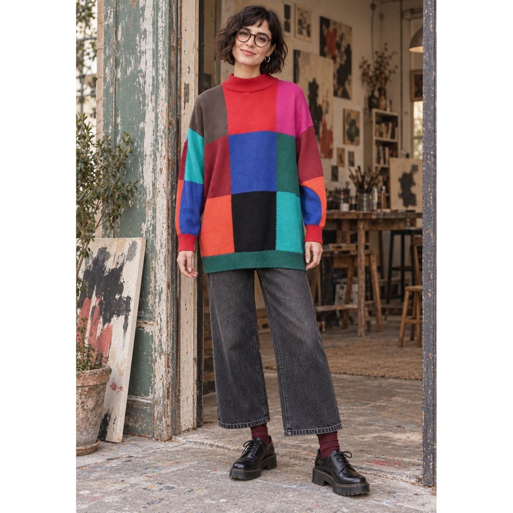 VTG 90s Limited Womens M/L Colorblock Mock Neck Sweater Retro Artsy Dopamine